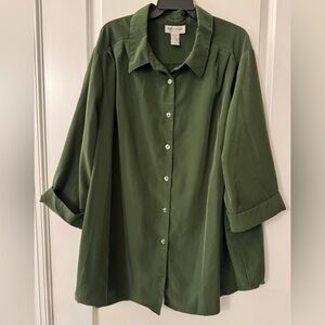 #z360 Brylane Woman Olive Green Button Down Foldback Sleeve Swing Blouse